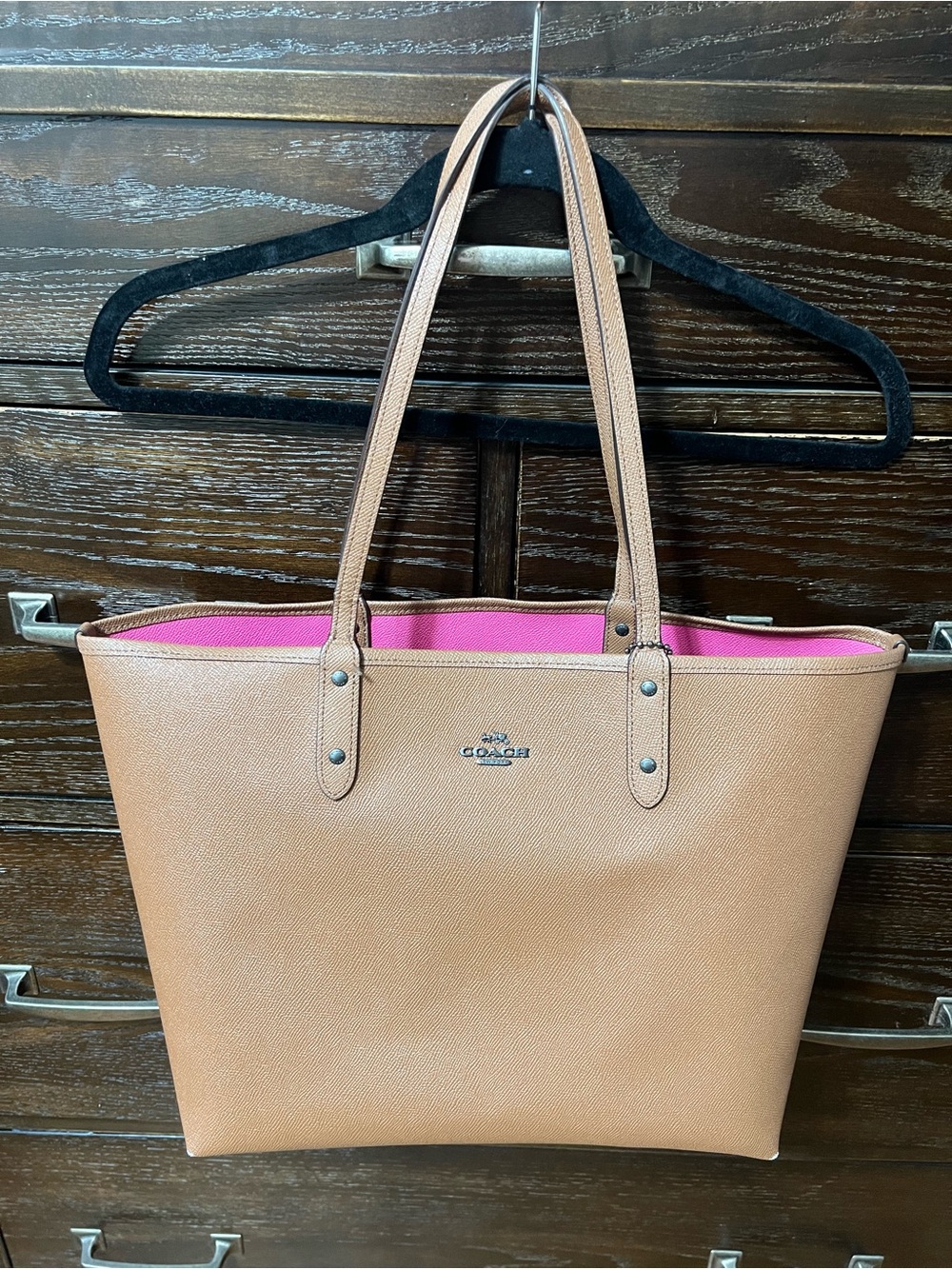 Coach Tan Leather Tote with Pink Interior Contrast